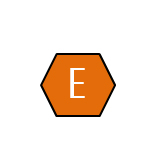 The letter E in a orange colored hexagon shape