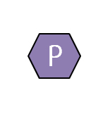 De letter P in een purperen zeshoek