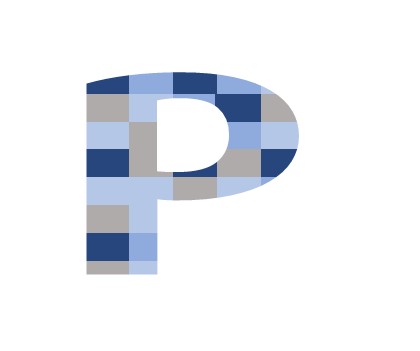 hoofdletter p, gevuld met een blokkenpatroon van lichtblauw, donkerblauw, blauwgrijs en taupe