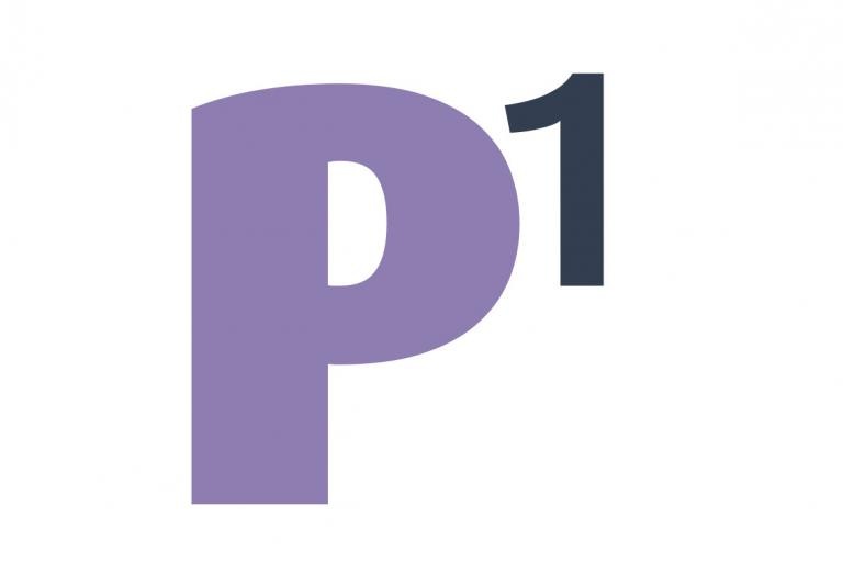 dikke paarse letter p met het cijfer 1 in zwart