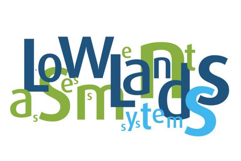 Logo van low lands assessment systems. De letters staan wild door elkaar heen en hebben verschillende kleuren en groottes.