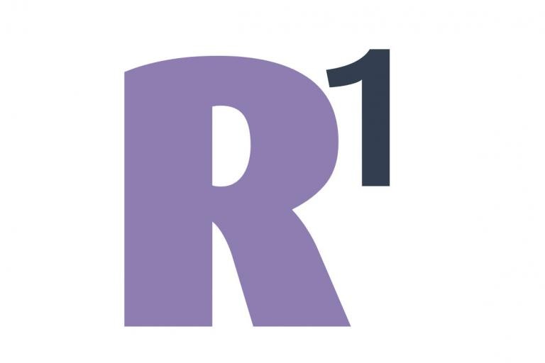 Letra roxa R com um número 1 em preto