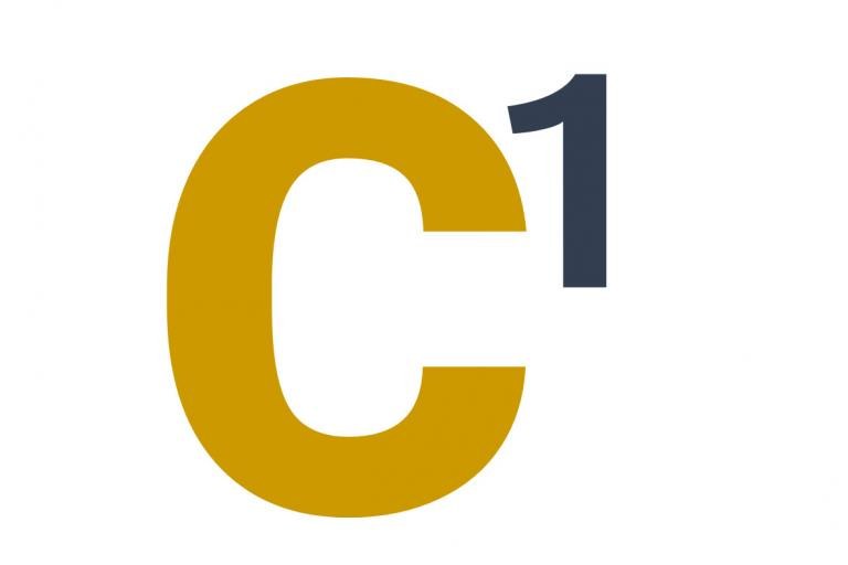 Capital letter C in mustard color with a black and smaller number one in superscript