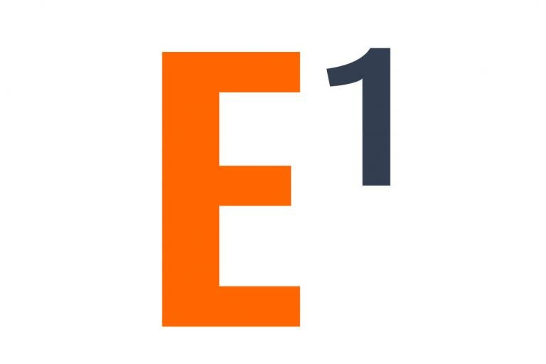 Capital letter E in orange with a black number one in superscript