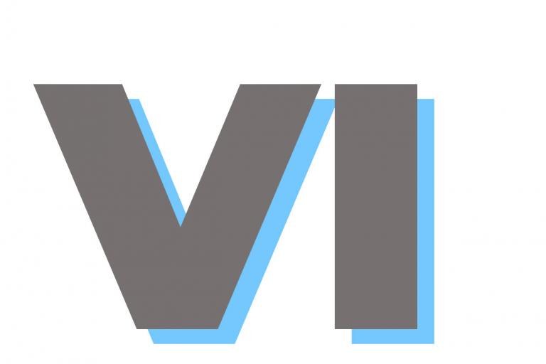 Dikke blokletters V en I in grijs met een lichtblauwe schaduw