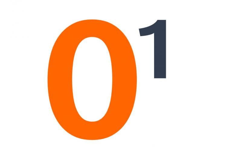 Dikke, oranje, hoofdletter O met een zwart cijfer 1 ernaast, in superscript
