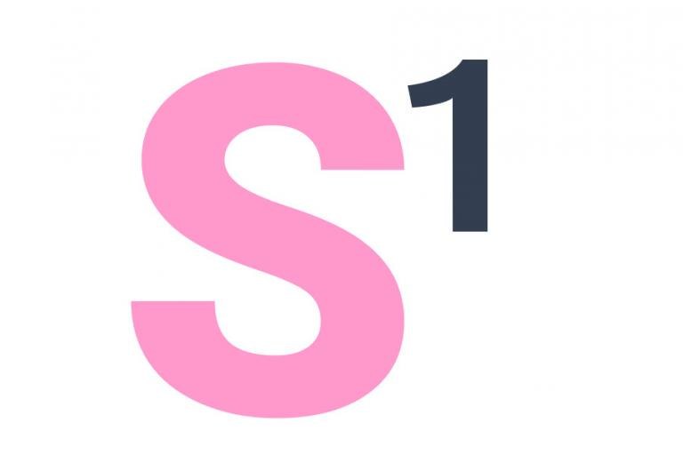 Dikke, roze, hoofdletter S met een zwart cijfer 1 ernaast, in superscript