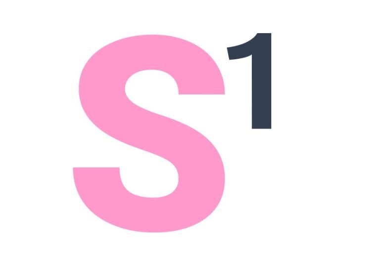 Big pink capital letter S with a smaller number one in black superscript